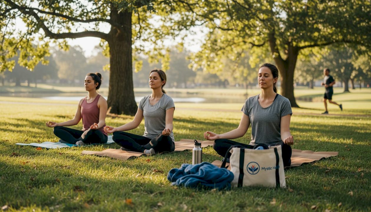 Group meditating outdoors on yoga mats