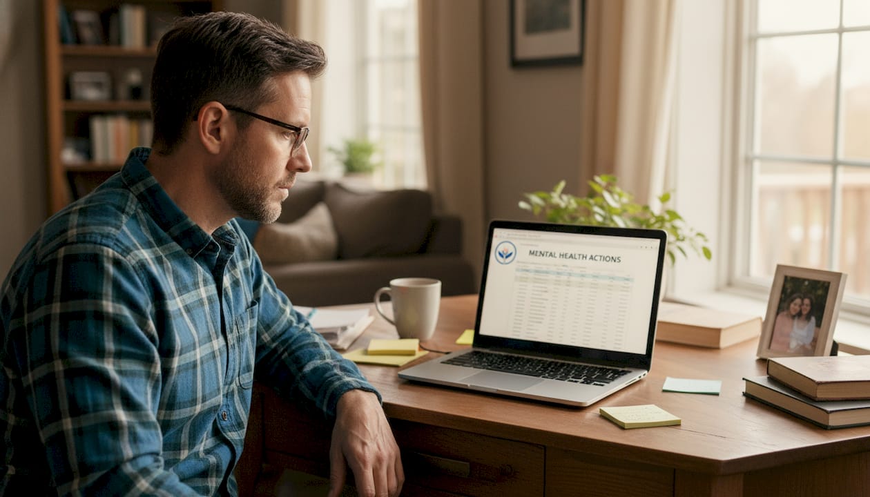 Man reviewing mental health checklist on laptop