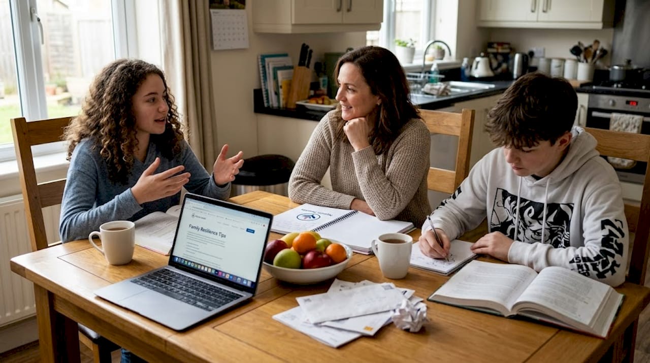 Family talking openly at kitchen table