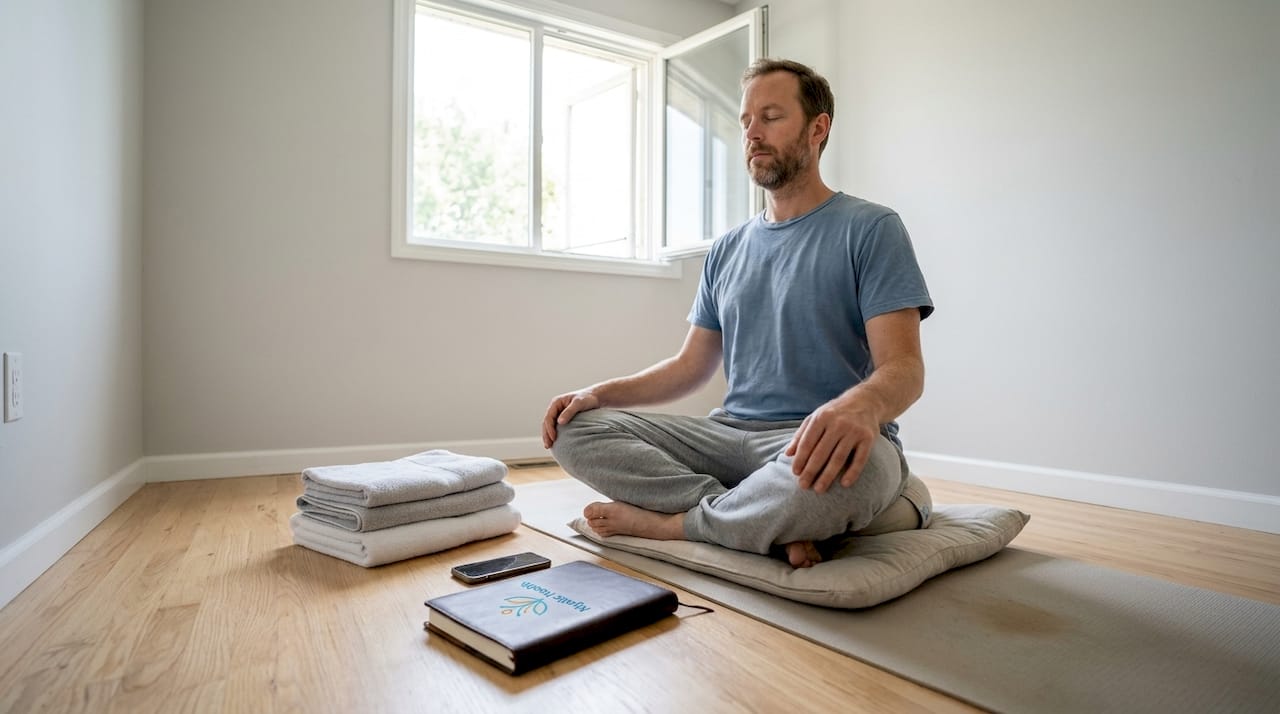 Man meditating in quiet bedroom