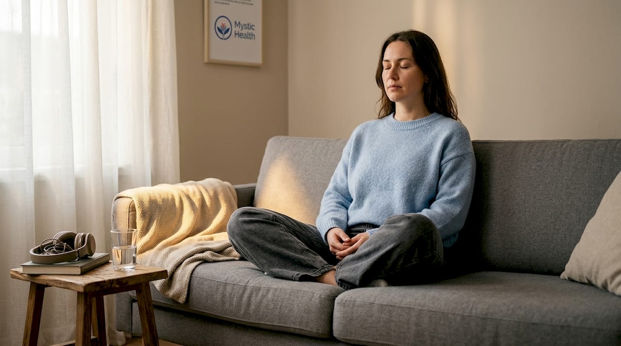 Patient practicing mindfulness on living room couch