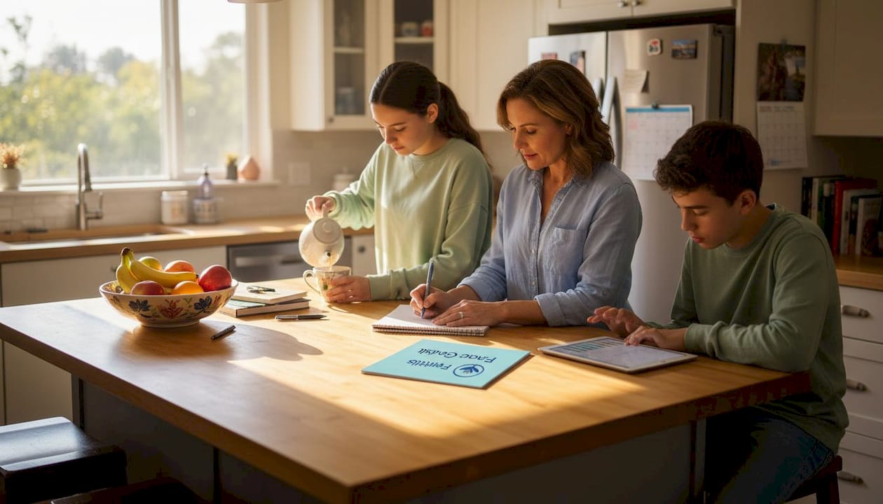 Family setting coping goals in kitchen