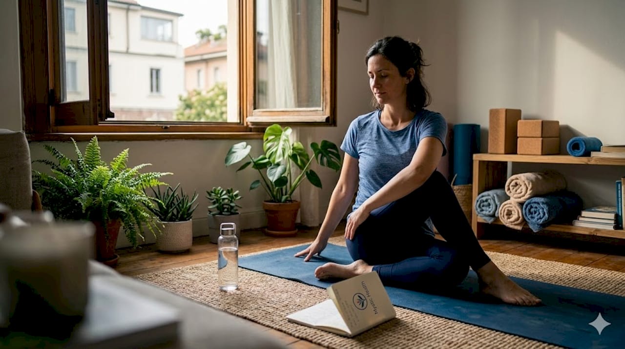 Woman doing yoga stretches at home