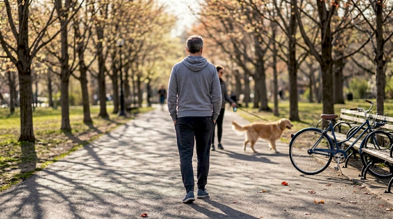 Man walking pensively in spring park