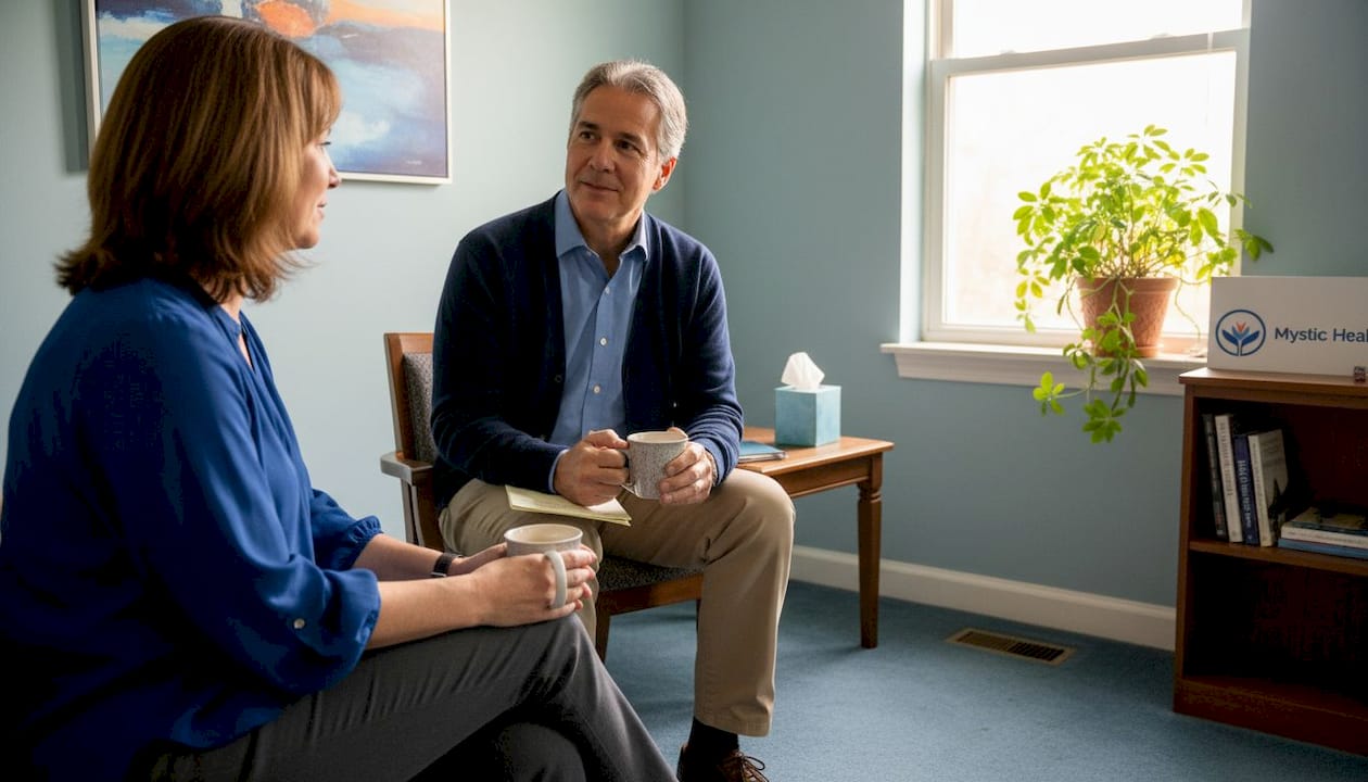 Therapist and client in relaxed office setting