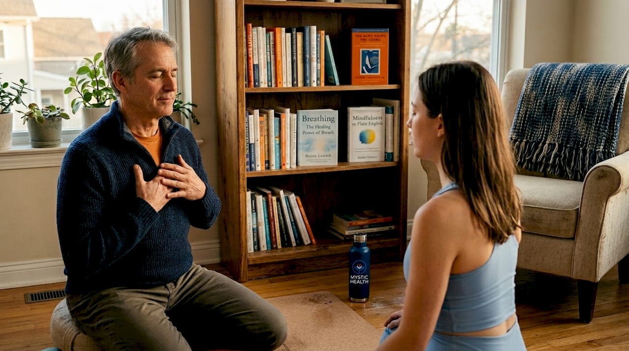 Therapist guiding breathing in home studio