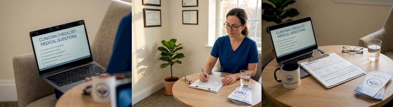 Clinician reviewing patient safety forms in clinic