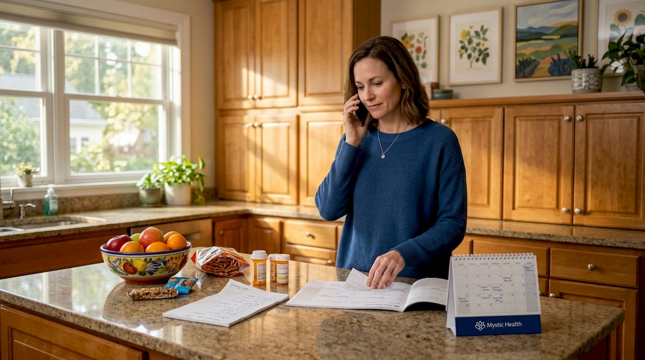 Caregiver organizes medication and schedules support call