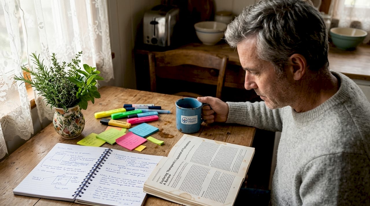 Man reading neuroscience paper at home