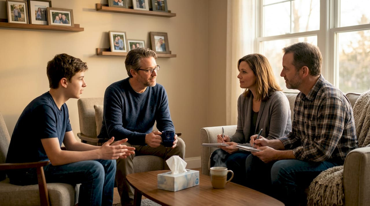 Group family therapy session in counseling office