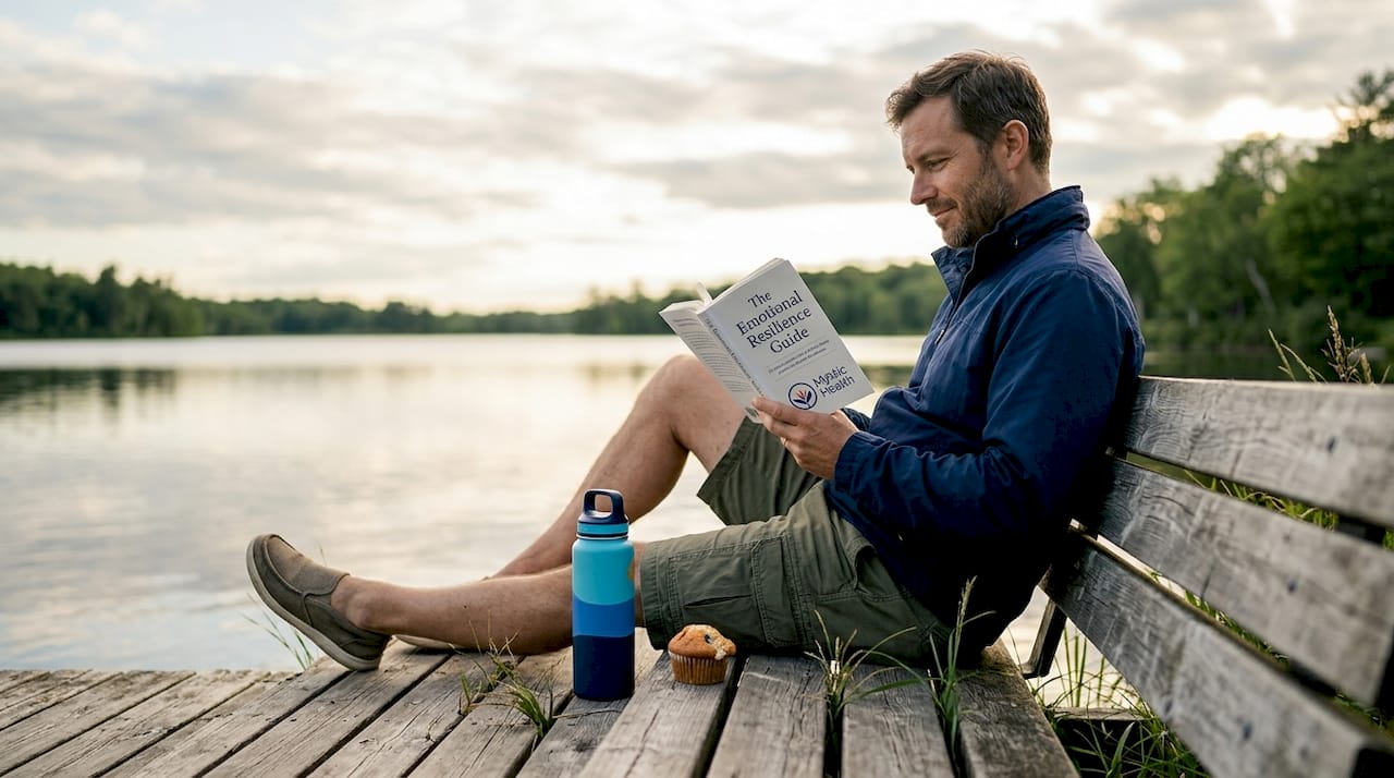 Man reading about resilience in park