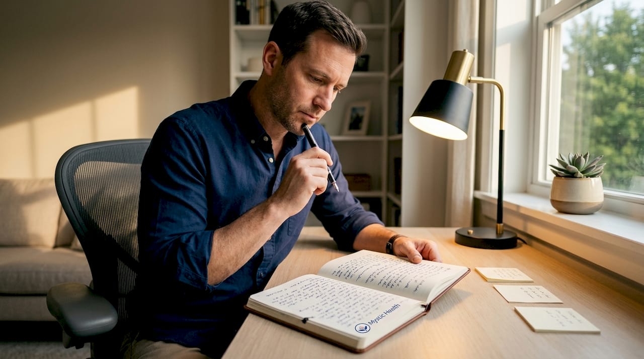 Man reflecting at desk in home office