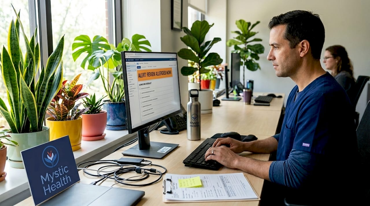 Clinician updating EHR workflow at busy station