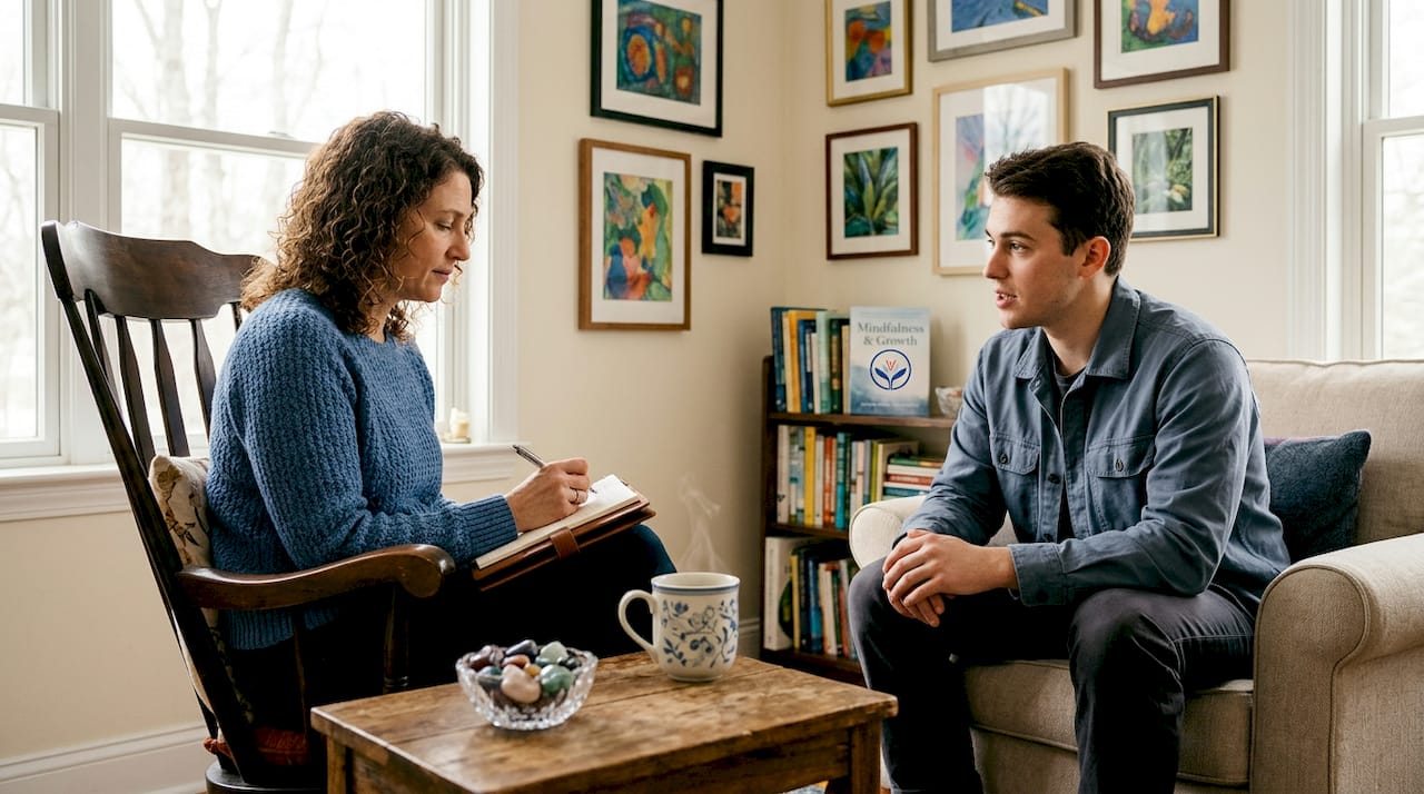 Therapist and client in comfortable office