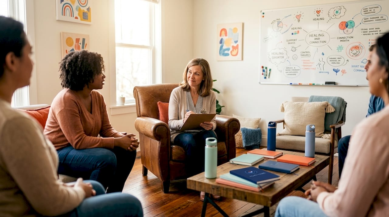 Therapist listening during group therapy circle