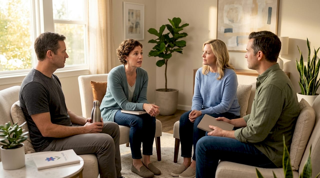 Small cancer support group meeting discussion