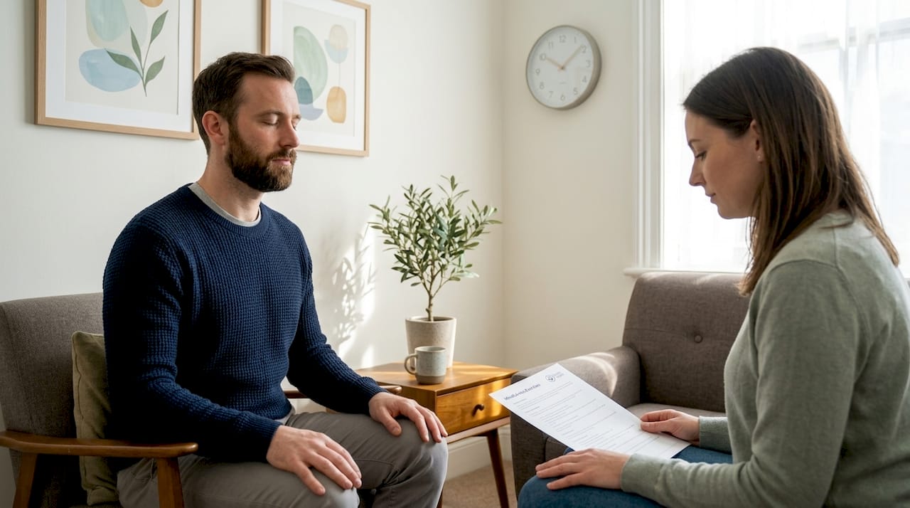 Therapist leads mindfulness practice in office