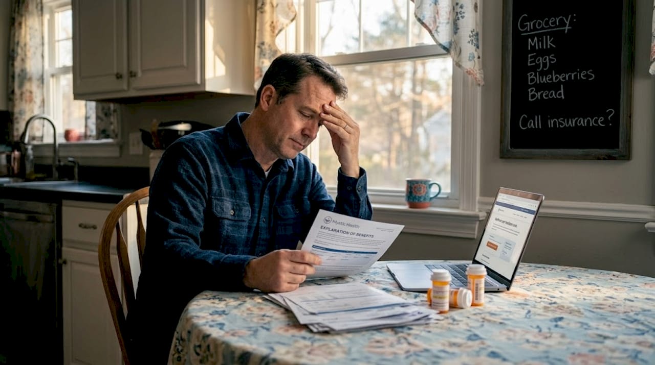 Person organizing bills at kitchen table