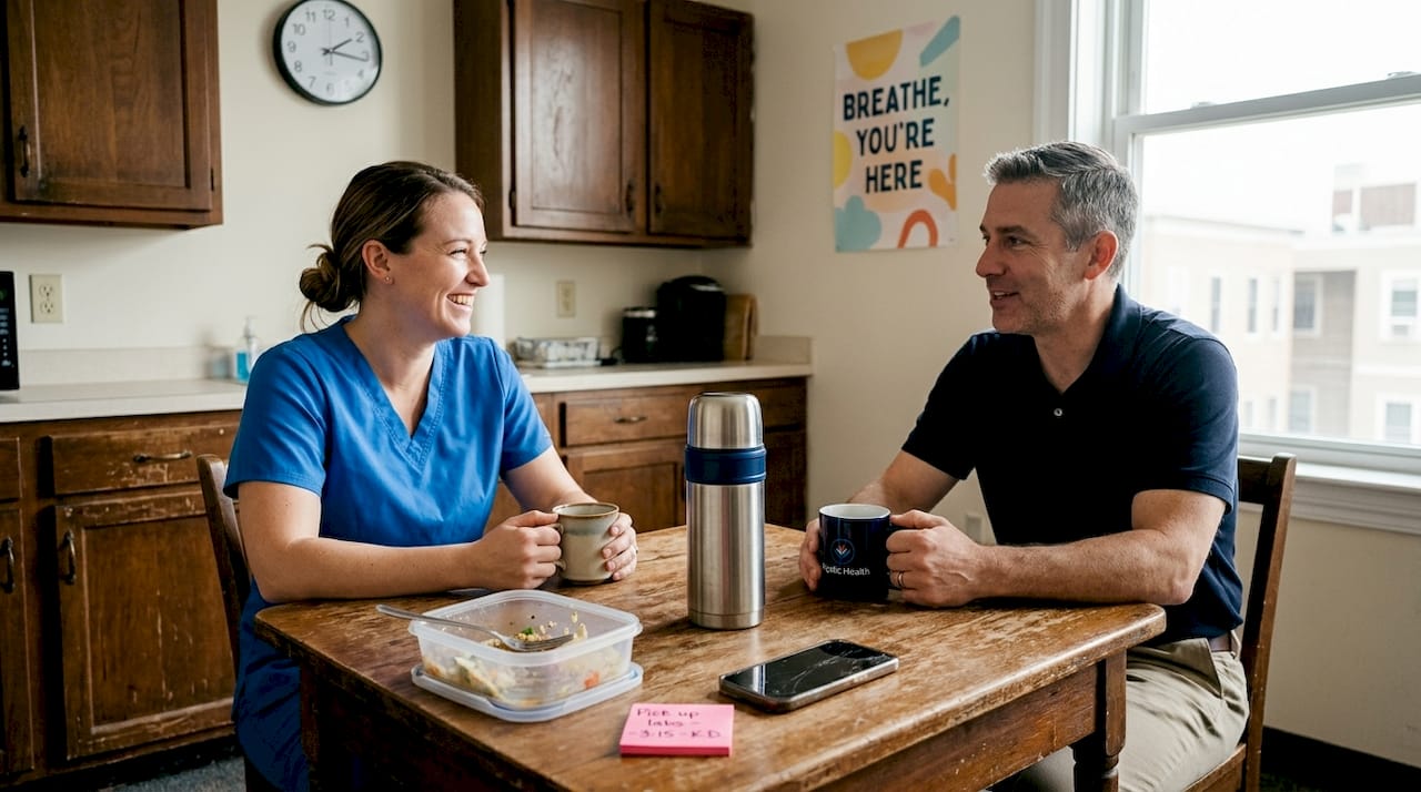 Clinic staff talking in shared breakroom