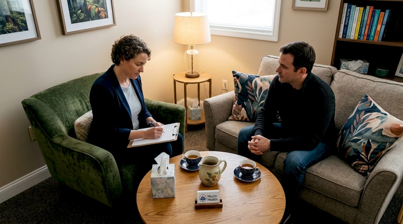 Therapist and client in counseling session room