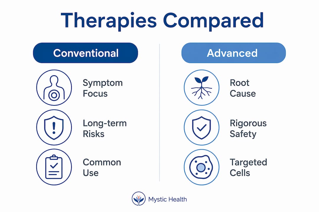 Infographic comparing conventional and advanced therapies
