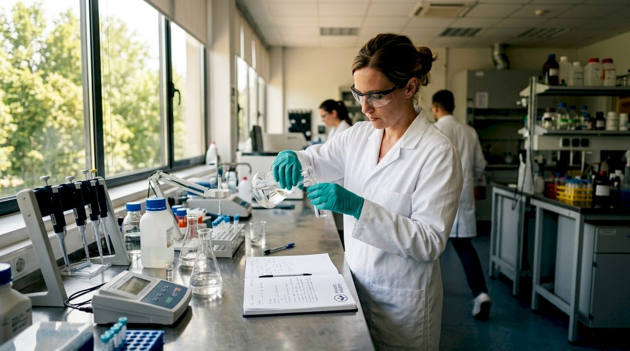 Scientist handling vial in biotechnology lab