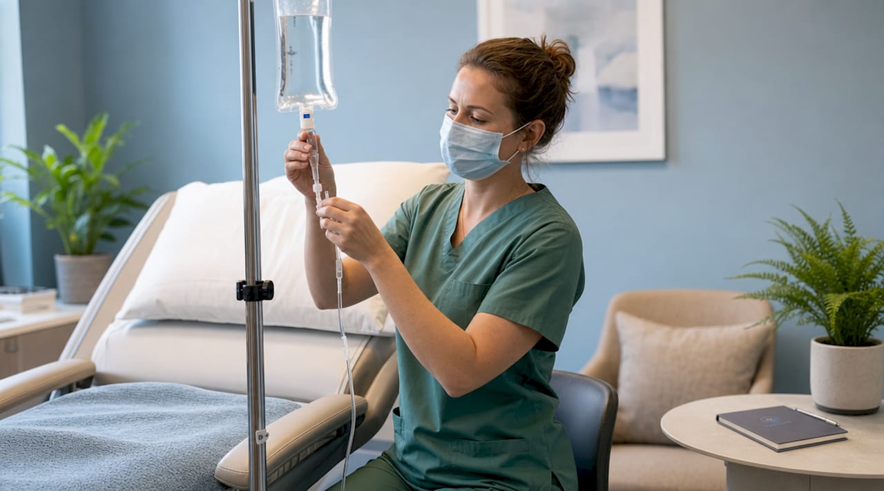Clinician setting up ketamine IV infusion