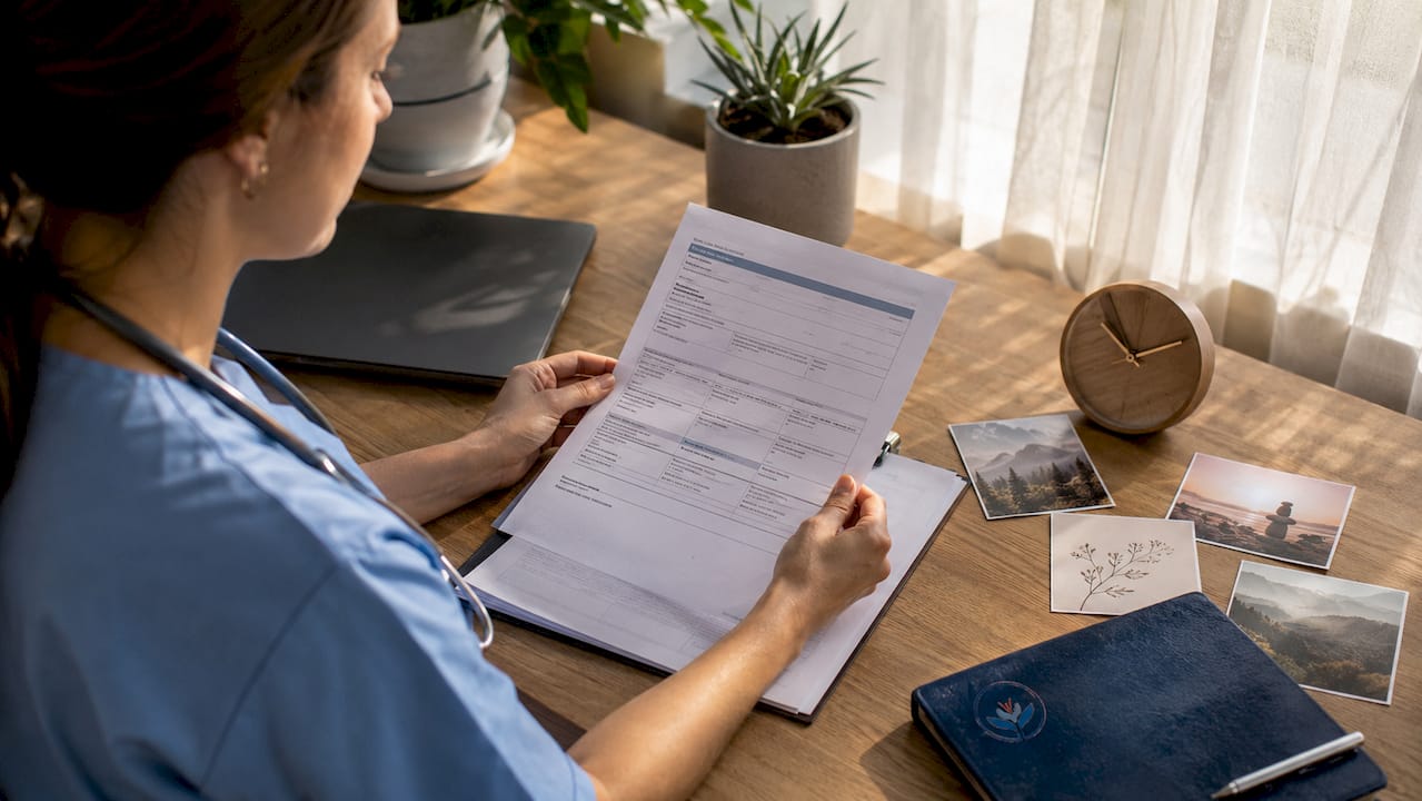 Clinician writing compassionate care notes