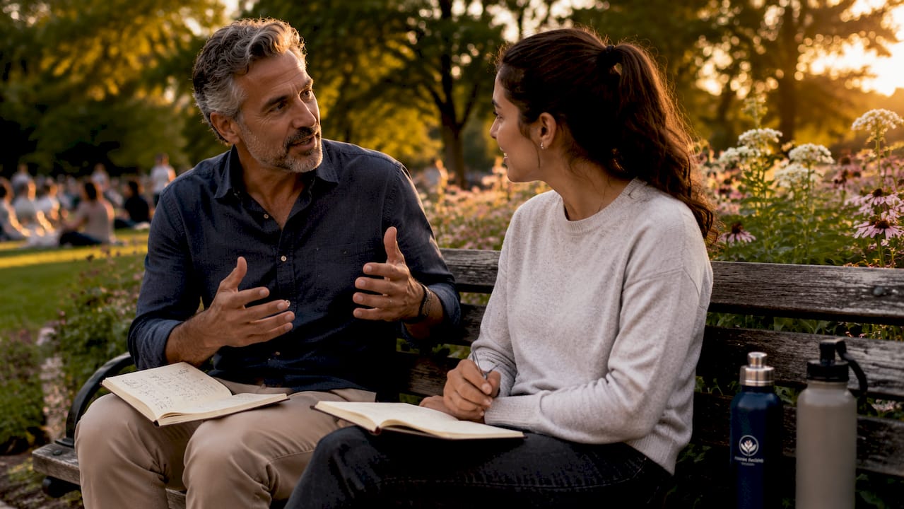 Two people discussing transformation strategies in café