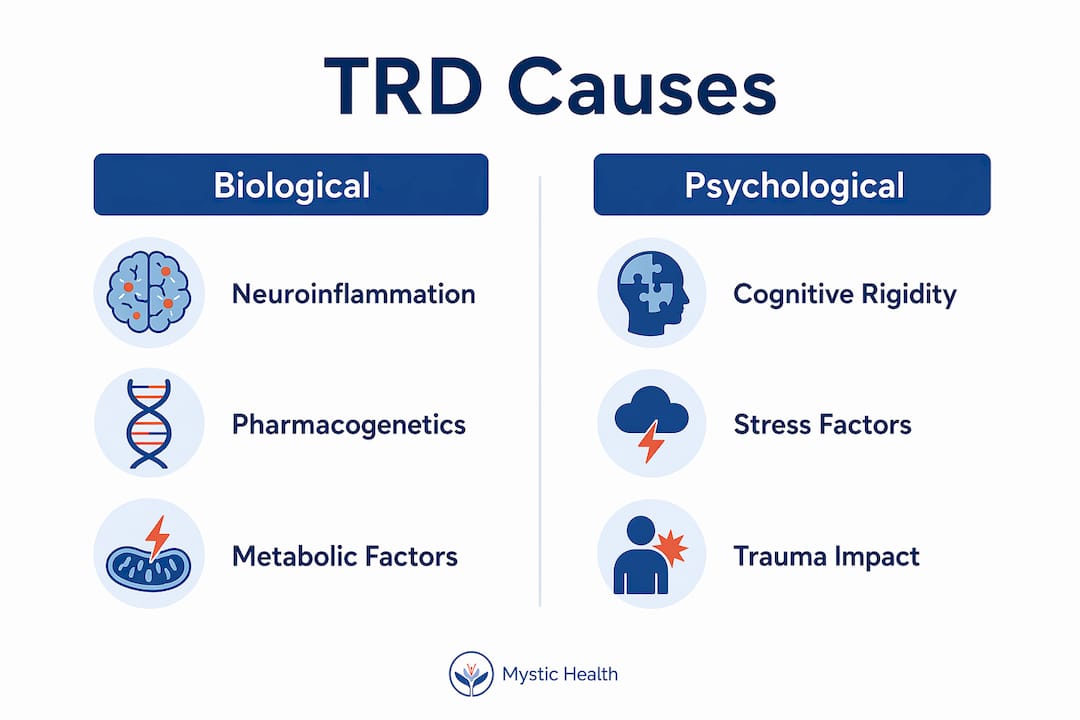 Infographic comparing biological and psychological causes of TRD