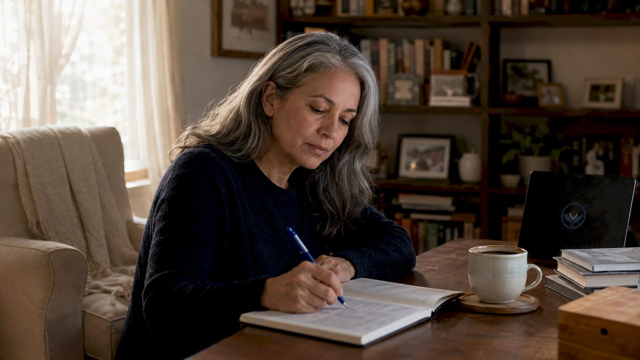 Close-up of hands writing pain diary