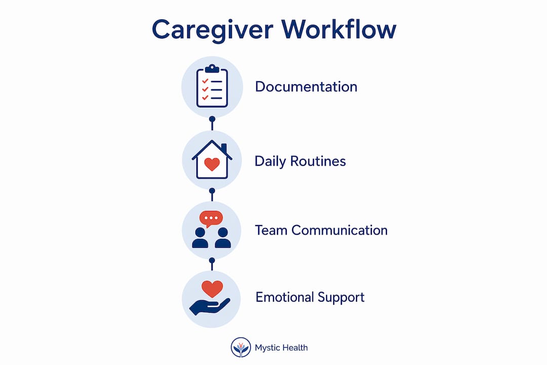 Infographic showing four steps of caregiver workflow