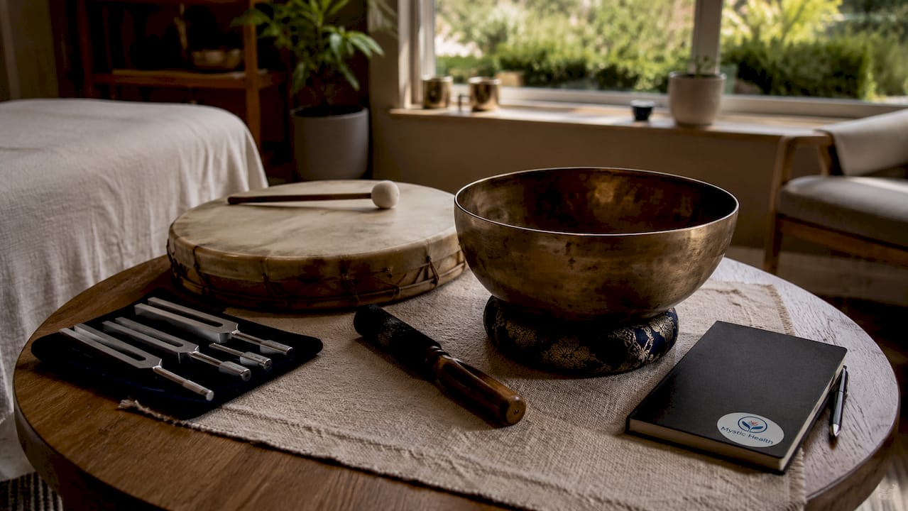 Close-up of sound therapy instruments on table