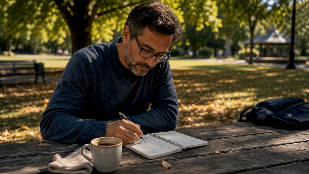 Man reflecting with notes in café