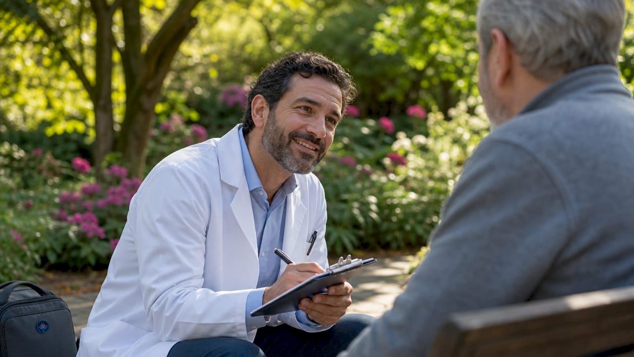 Doctor notes while speaking compassionately