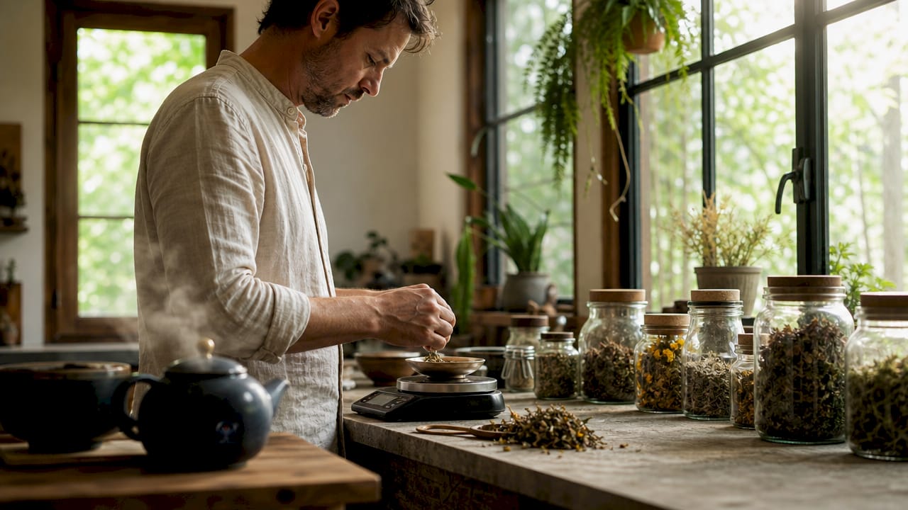 Person carefully preparing psychedelic dose in kitchen