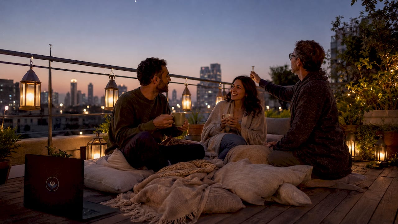 Group preparing supportive psychedelic setting outdoors