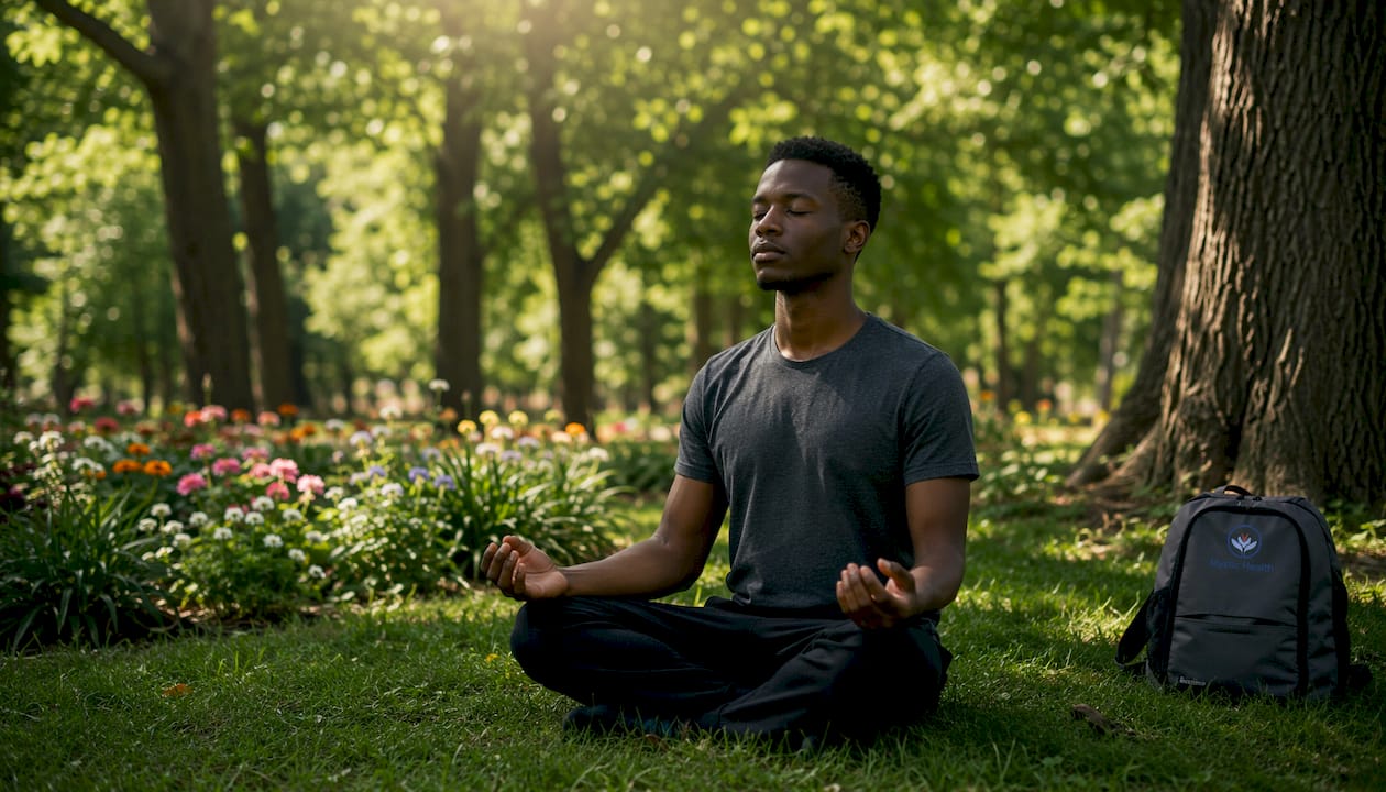 Young man meditating peacefully in home yoga studio