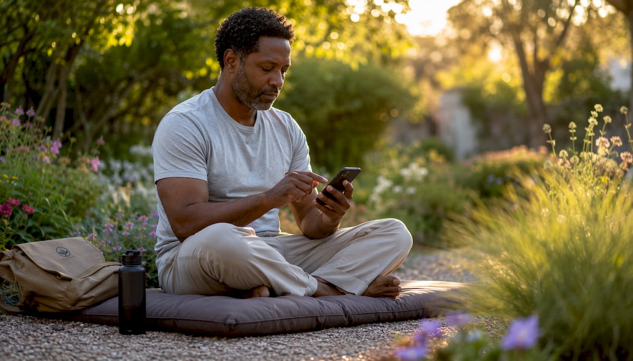 Man setting meditation timer on smartphone