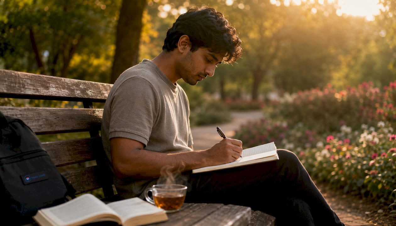 Man journaling resilience techniques at kitchen table