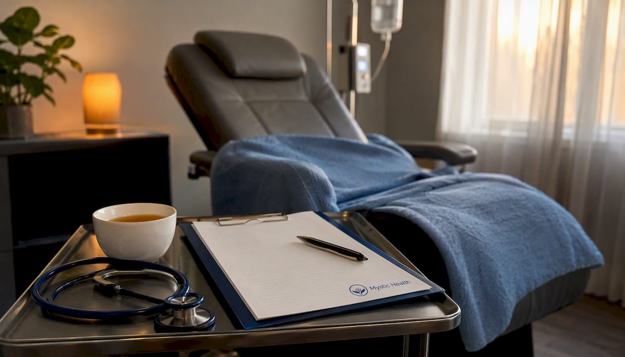 Clinical room setup for ketamine therapy session