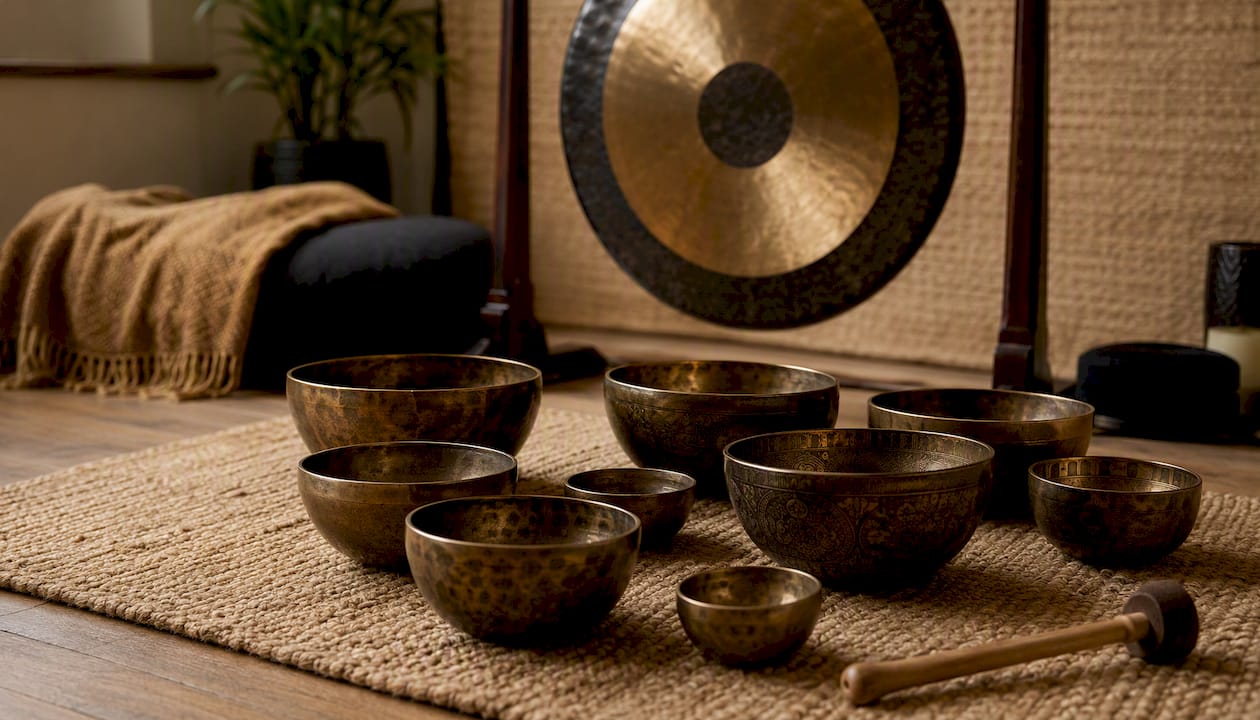 Tibetan singing bowls and gong in sound bath setting