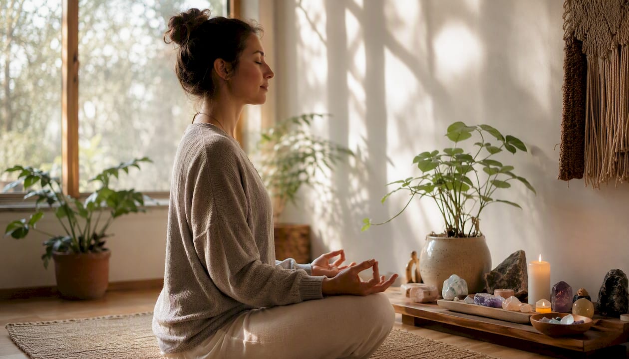 Person meditating in home nook