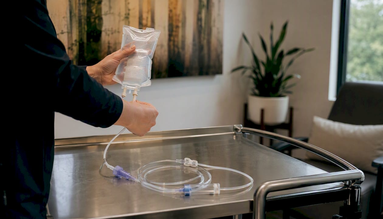 Hands preparing ketamine IV infusion