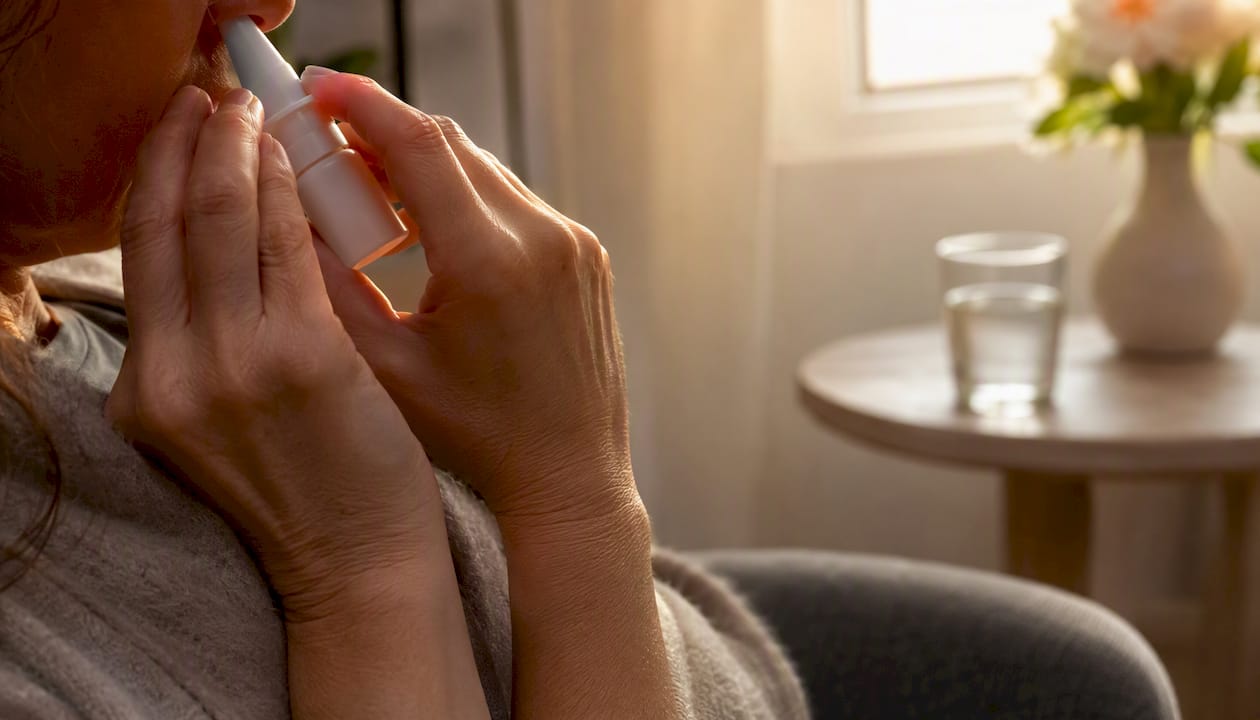 Patient self-administering nasal spray in clinic