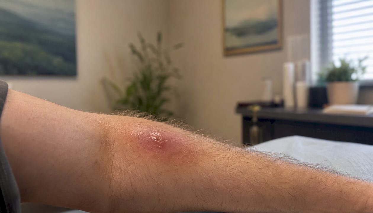 Forearm with subcutaneous injection site skin irritation