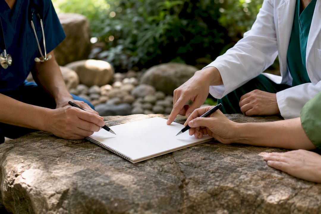 Healthcare professionals collaborating with hands