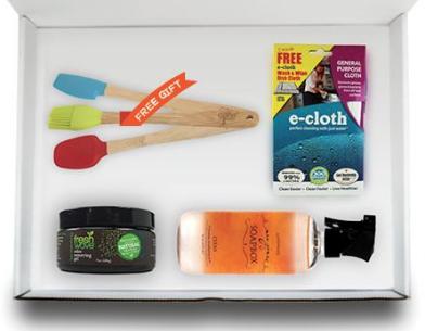 assorted cleaning products sitting in a white box