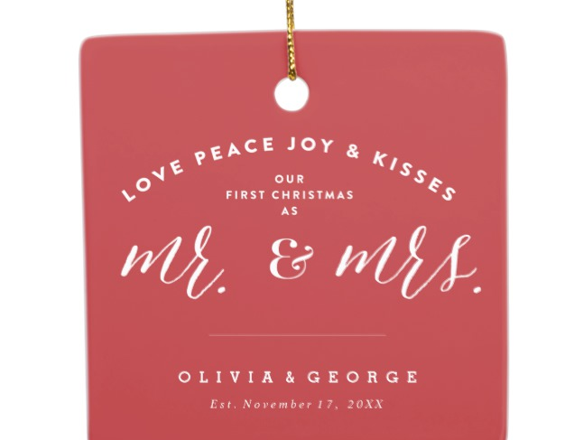red card ornament reading love peace joy and kisses our first christmas as mr and mrs olivia and george est november 17, 20xx