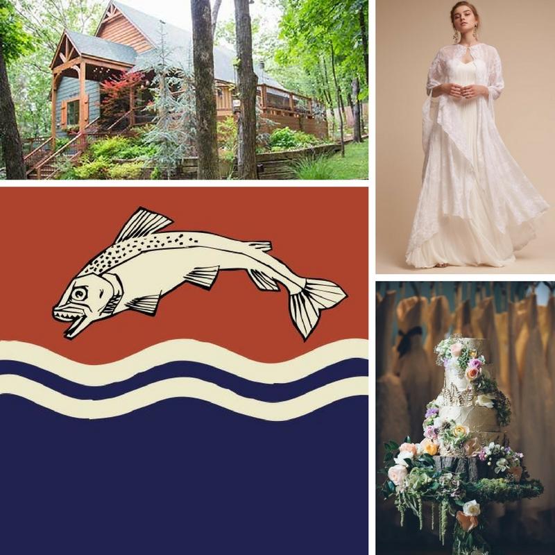 woodland cabin fish emblem long sleeve white lace wedding dress wedding cake with flowers and greenery as decoration